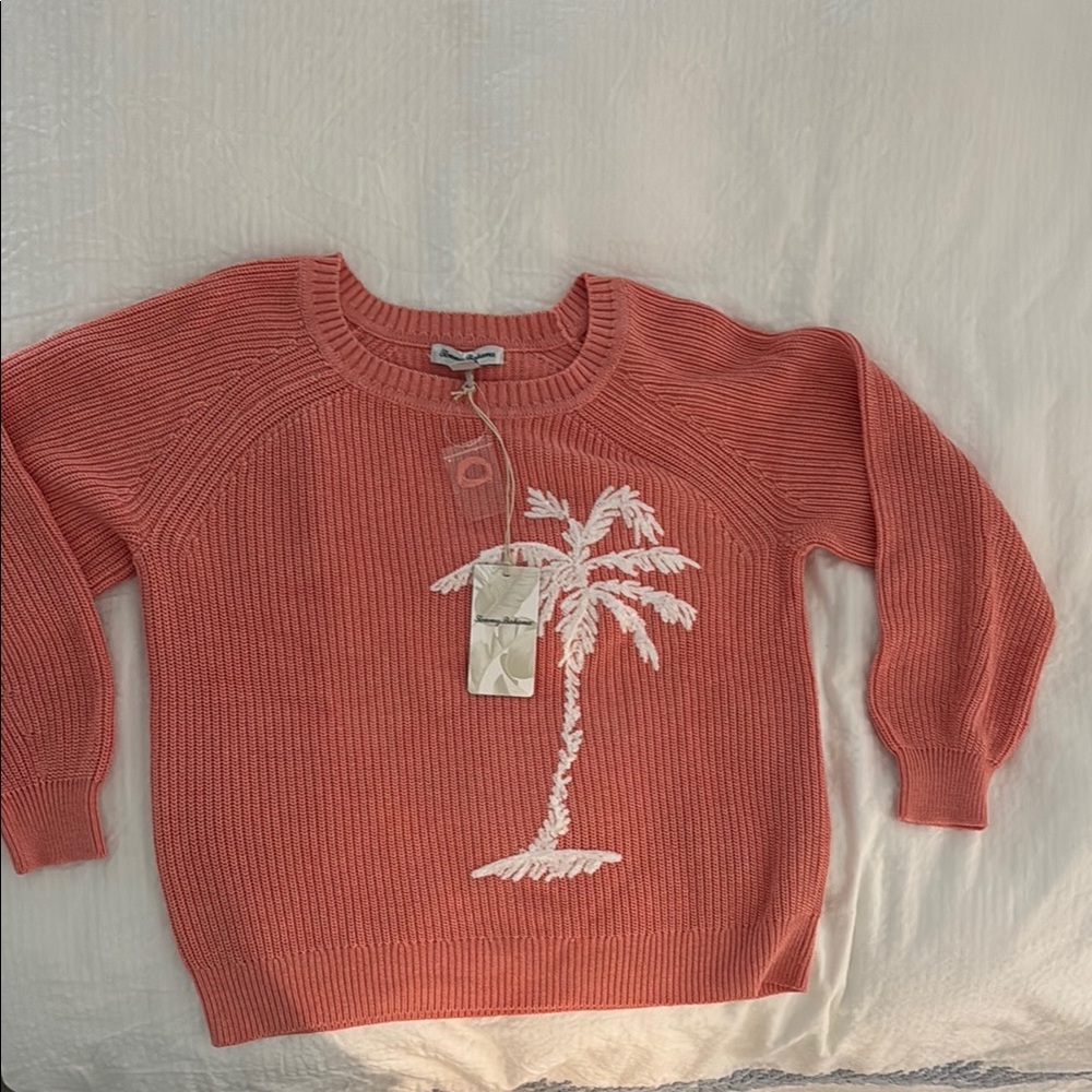 Women's Coral Sweater with Palm Tree Design